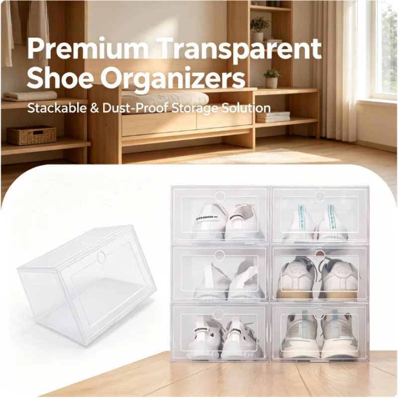 6 Stück transparente, verdickte Schuhboxen, stapelbar und faltbar, staubdicht und feuchtigkeitsbeständig, Schuhaufbewahrungsorganisator für Damen-Schuhe.