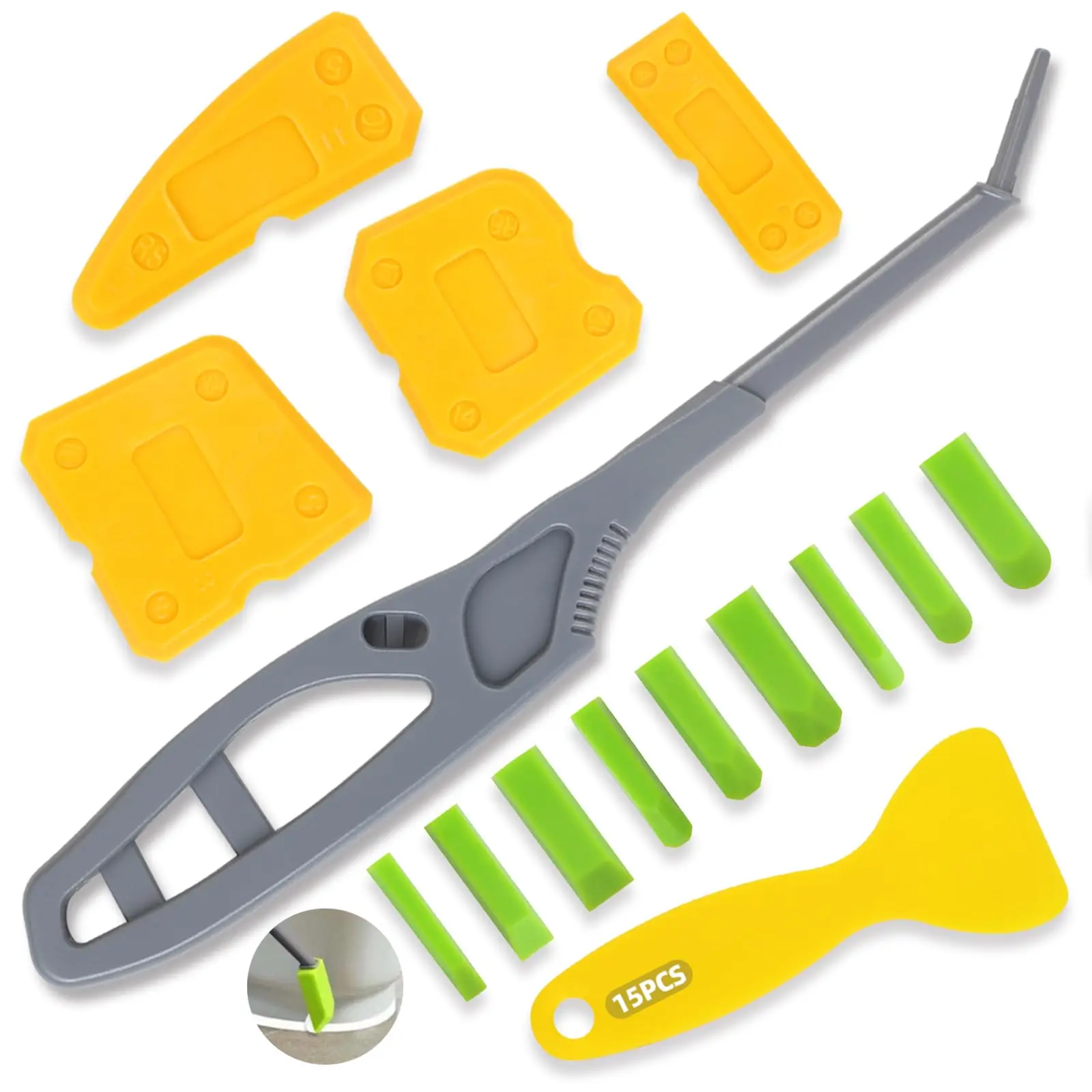 15-teiliges Set Fugenwerkzeuge für enge Bereiche im Badezimmer, in der Küche, am Fenster, am Boden, Silikon-Dichtungswerkzeug für eng anliegende Flächen. Image