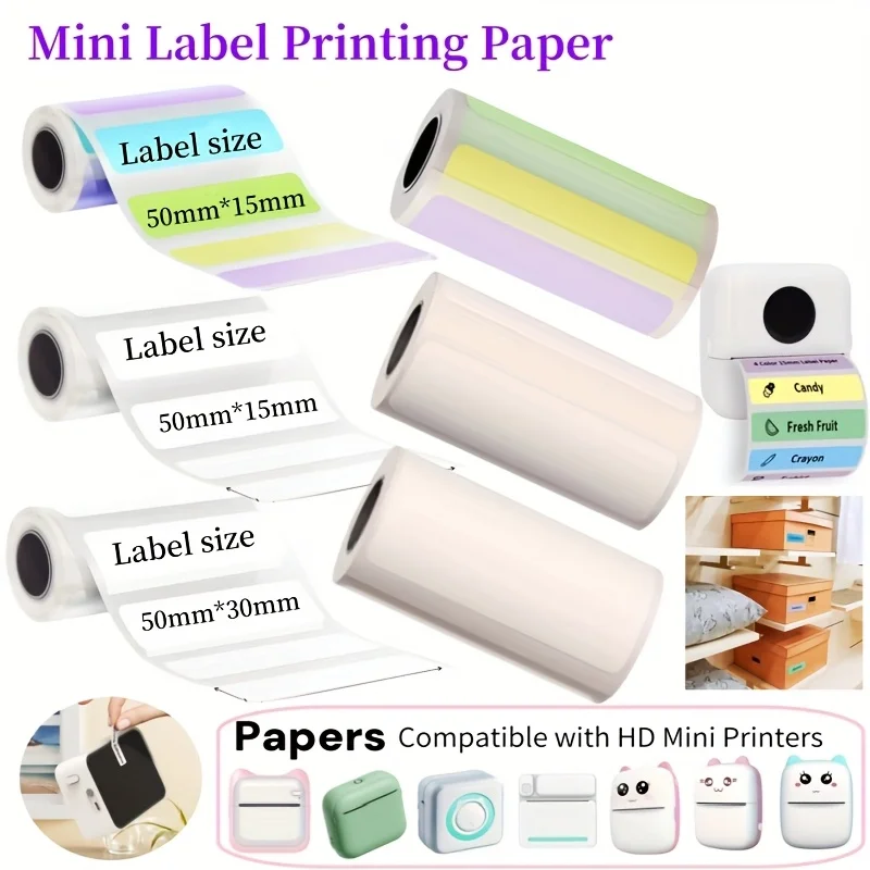 Thermo-Etikettenpapier, 50 x 15 mm, 50 x 30 mm, farbiges Thermo-Etikettenpapier für die meisten Mini-Drucker, selbstklebend, für Zuhause, Büro, Schule Image