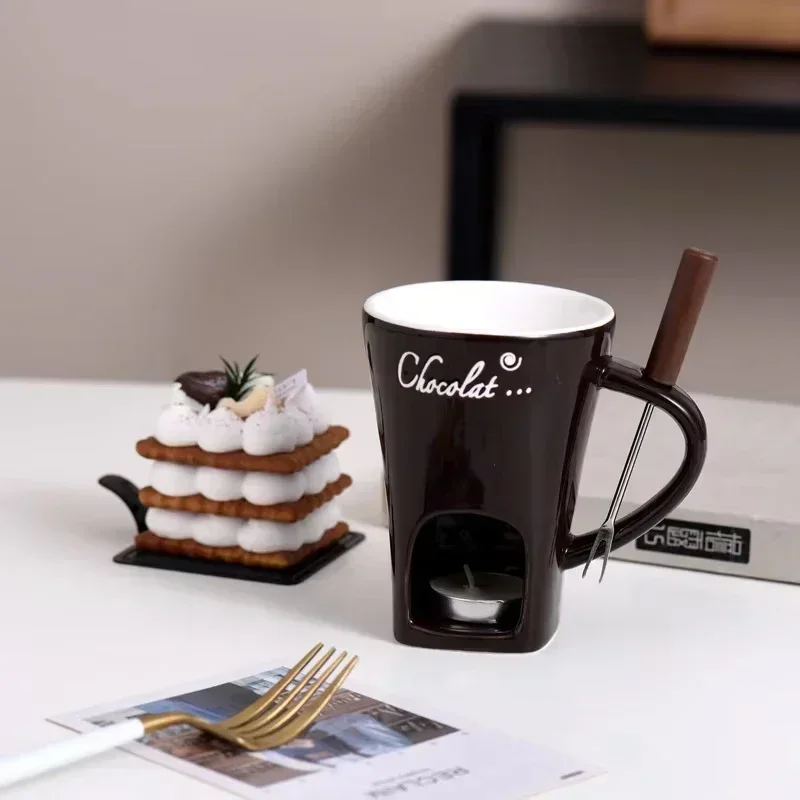Heißer Keramik-Schokoladen-Schmelzbecher mit Gabel, Kerzenhalter, Schmelzschokoladen-Tasse, Geschirr, kreatives Haushalts-Trinkgeschirr Image