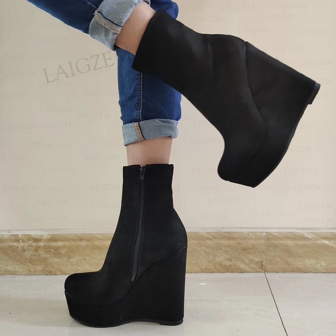 LAIGZEM Damen-Stiefeletten aus Wildlederimitat, Plateau-Keile, seitlicher Reißverschluss, kurze Stiefeletten, Damen-Schuhe zur Erhöhung der Körpergröße, Größe 44, 46 52,