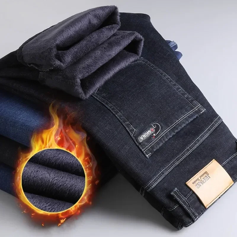 2025 Winter Dicke Dünne Denim Hosen Marke Hosen Schwarz Plus Größe 40, Neue männer Warme Jeans Business Casual Elastizität
