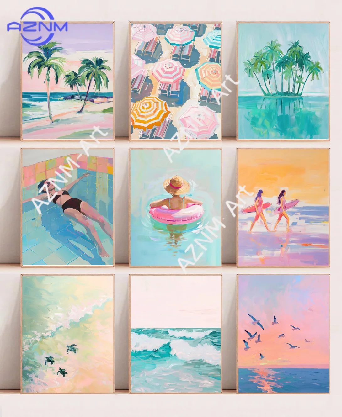 Cartoon-Ölgemälde Strand am Meer Schwimmen Surfen Kokospalme Poster Leinwanddrucke Kunstbilder Raumdekoration Wanddeko Geschenk