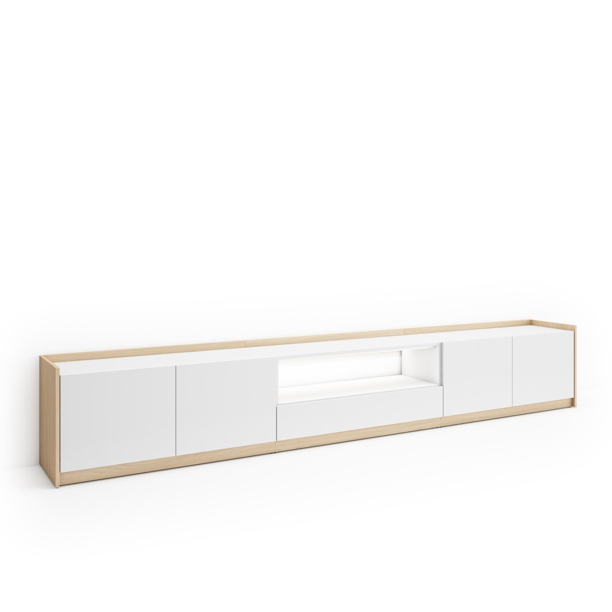 SKRAUT HOME TV-Schrank, Lowboard, 310x50x37 cm, Für TV-Geräte bis zu 80", LED, Weiß und Eiche Soft Image