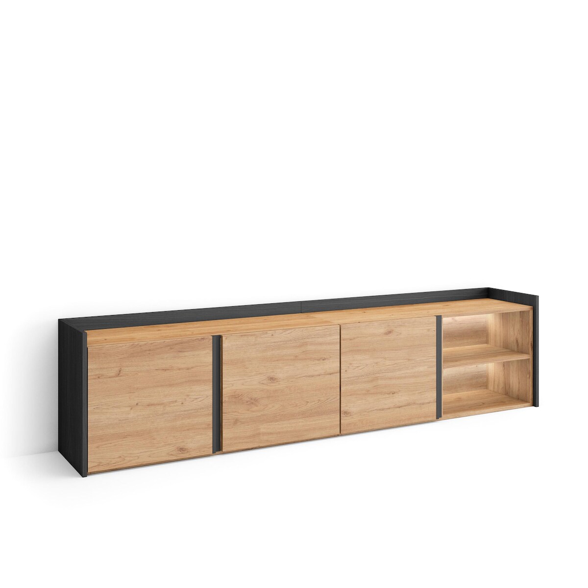 SKRAUT HOME TV-Schrank, Lowboard, 207x50x35 cm, Für TV-Geräte bis zu 80", LED, Eiche Schwarz Image
