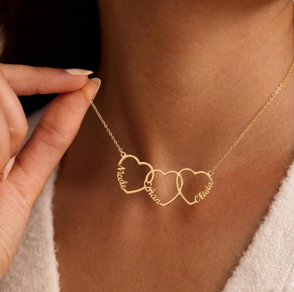 Collana con nome a cuore, collana con due o tre nomi, collana con nome di famiglia a cuore, gioielli con nomi di bambini, collana con nome per neonati