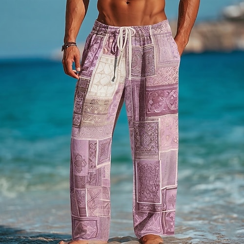 Herren Farbblock Patchwork Böhmische Hose Hosen Hose Baggy-Hosen Mittlere Taille Ethnisch Vintage-Retro Heim Outdoor Urlaub Kordelzug Elastischer Bund Weites Bein Sommer Frühling 3D-Druck Blau Purpur Image
