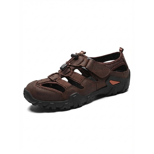 Braune Herren-Sandalen mit verstellbarem Riemen, weiches Leder-Obermaterial mit Gummisohle, bequeme Outdoor-Strand-Urlaubsschuhe für Herren Image