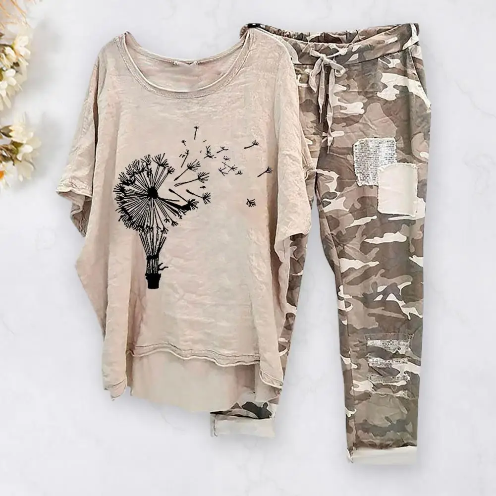 Damen zweiteilige Tarnung Set Sommer Outfits für Frauen Baumwolle Leinen Anzug Casual Print Kurzarm Harajuku Image