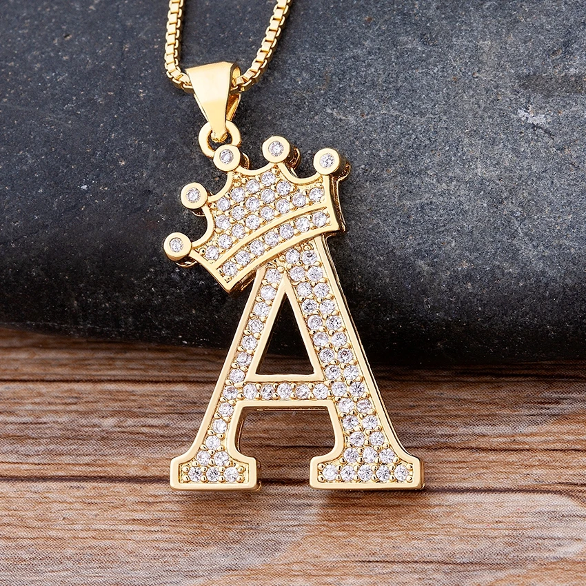 Nidin Neue Luxus Kupfer Zirkon A-Z Krone Alphabet Anhänger Kette Halskette Hip-Hop-Stil Mode Frau Mann Initial Name schmuck