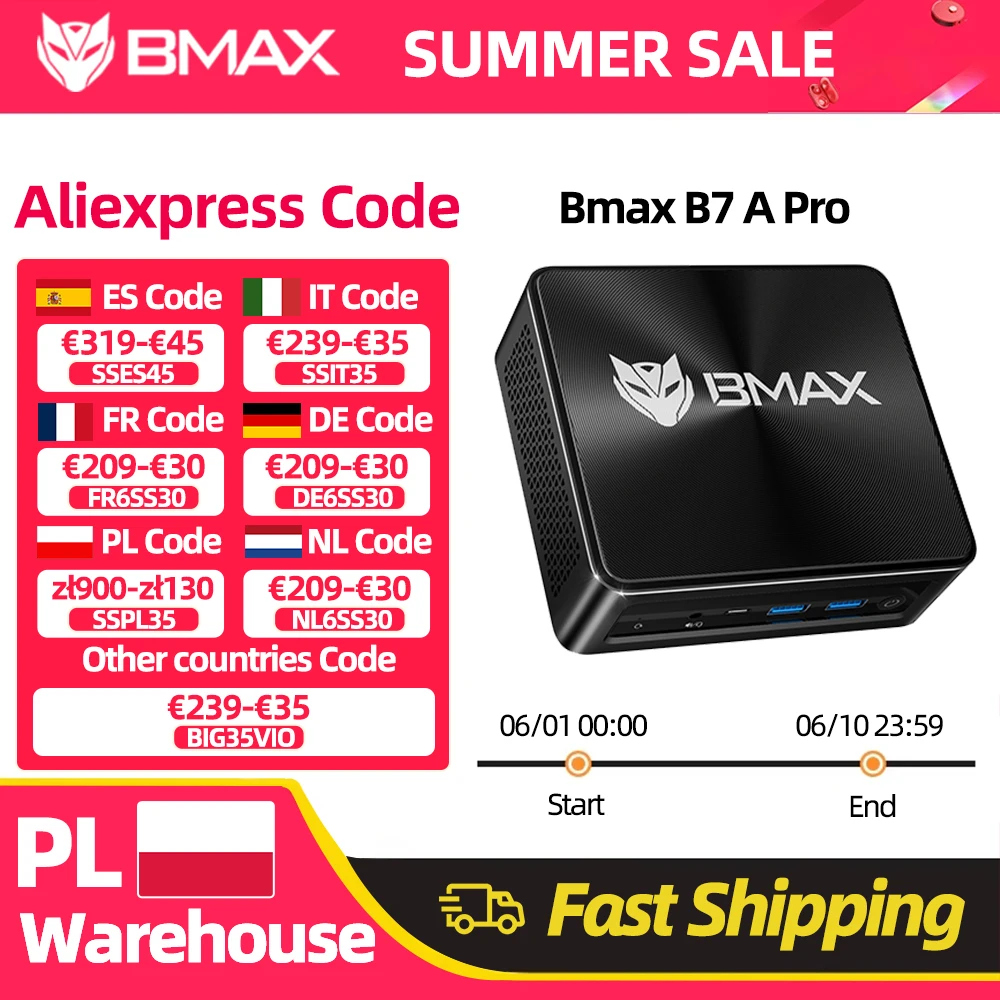 BMAX B7 A Pro Mini-PC AMD Ryzen 5 7430U Prozessor AMD Radeon Grafik 16GB RAM 512GB SSD Windows 11 USB HDMI Type-C Bluetooth DP Image