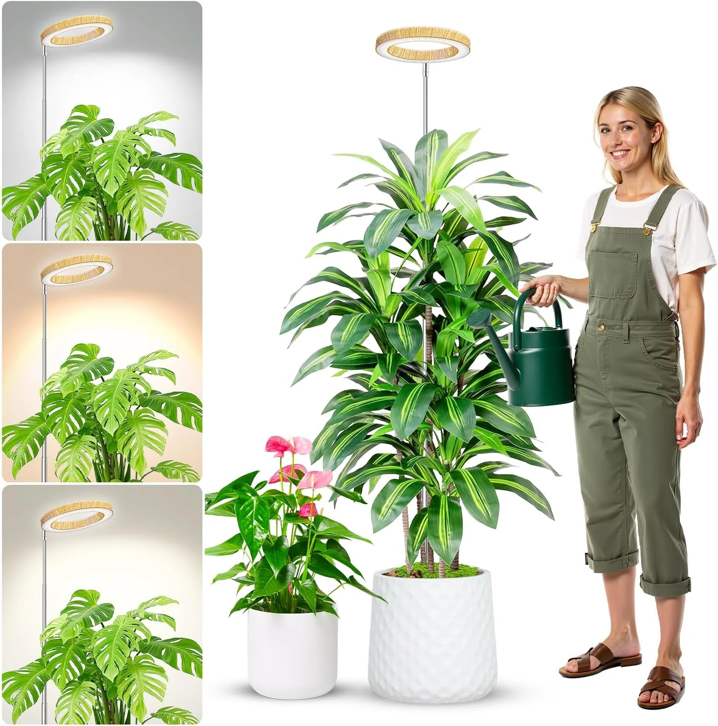 Pflanzenlampe für den Innenbereich, Vollspektrum-Pflanzenlampe mit 3/9/12-Stunden-Timer, 3 Farbmodi, 10 Helligkeitsstufen, 10-65 Zoll höhenverstellbare Pflanzenlampe mit Holzmaserung