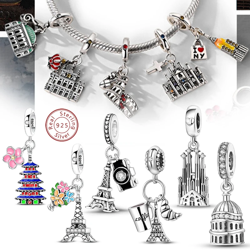 Original 925 Sterling Silber Charms Perlen Paris Eiffelschloss Kirche Anhänger Fit Armband Armreif Anhänger Frauen DIY Schmuck Geschenk Image