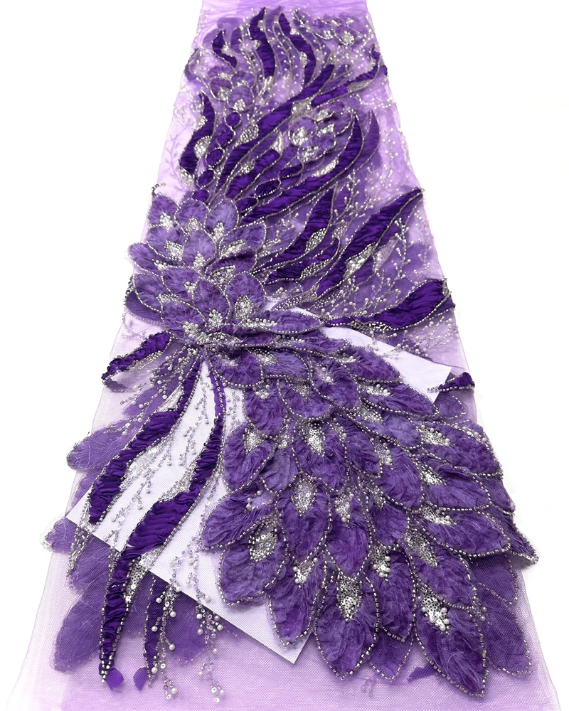 Luxuriöser 3D Afrikanischer Perlen-Spitzenstoff mit französischer Pailletten-Stickerei auf Mesh-Gewebe für Damen Hochzeits- und Partykleider Image