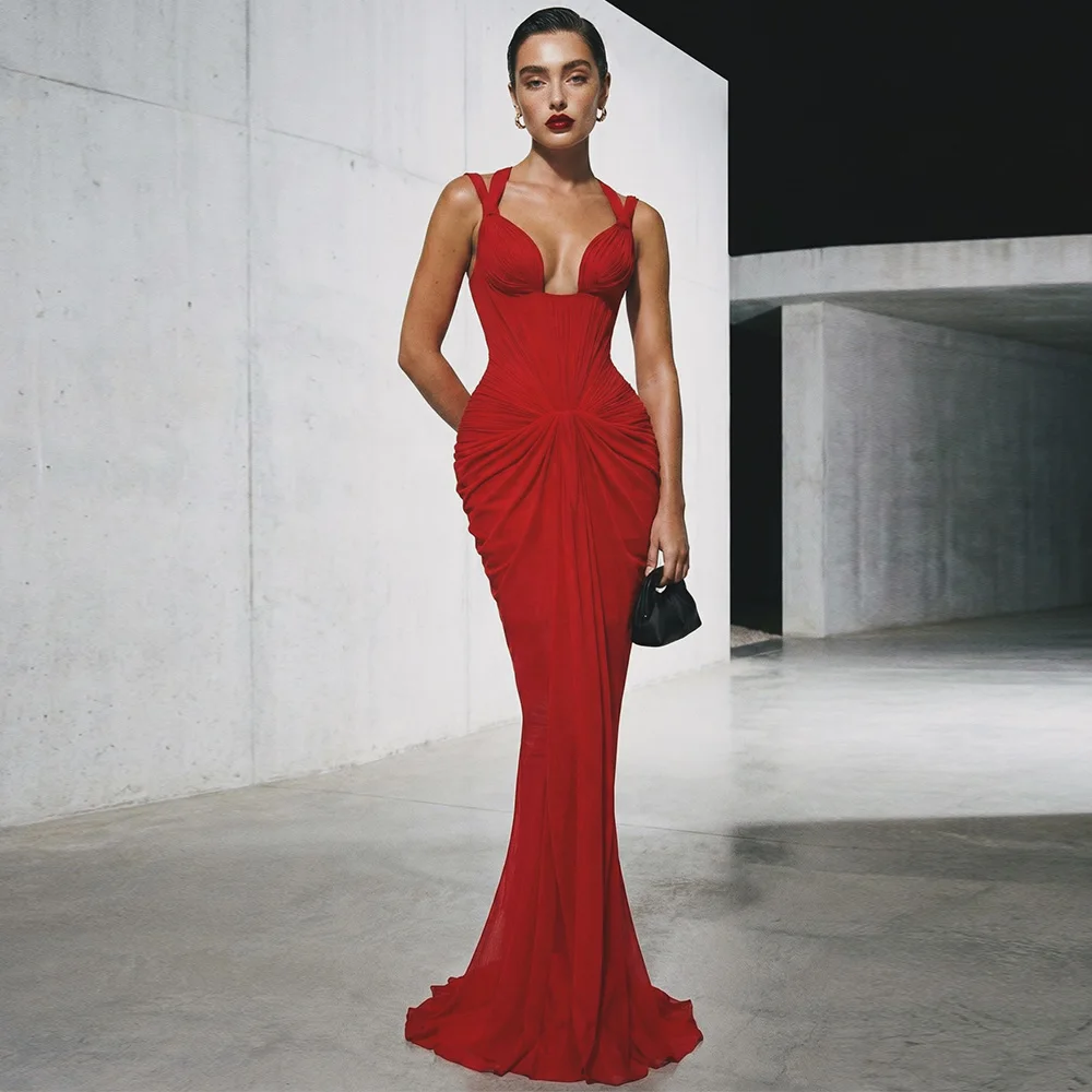 Sexy Sweetheart-Meerjungfrauenkleid, maßgeschneidertes Vestido De Festa, elegantes Ballkleid mit Spaghettiträgern, hochwertiges Chiffon-Abendkleid mit Falten Image