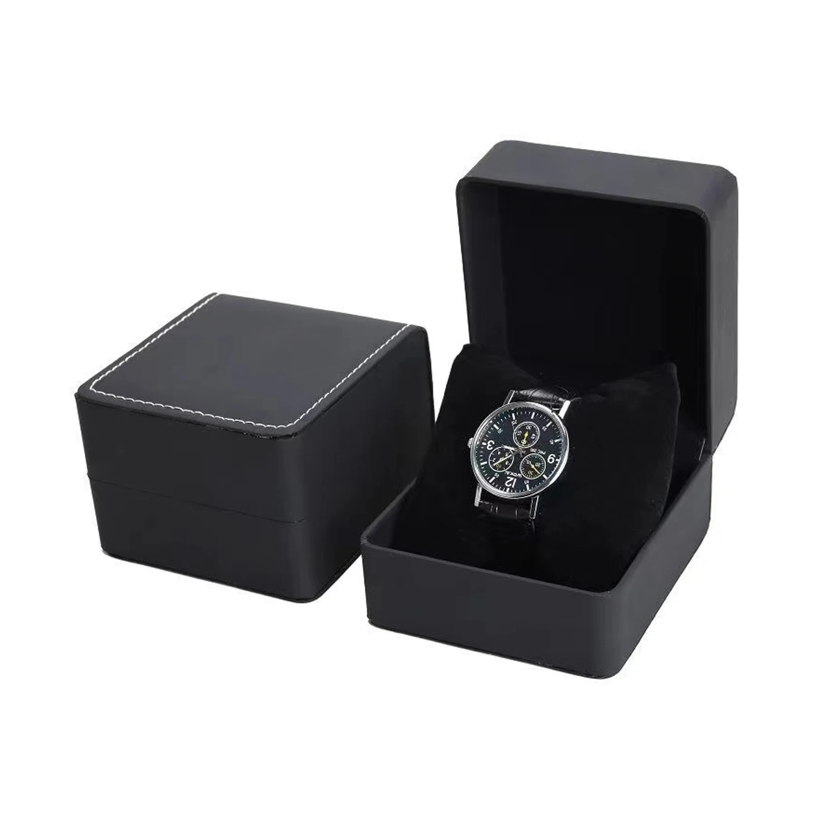 Schwarze Einzeluhr-Geschenkbox mit Kissen, PU-Leder, Armbanduhr-Vitrine, Organizer für Herren
