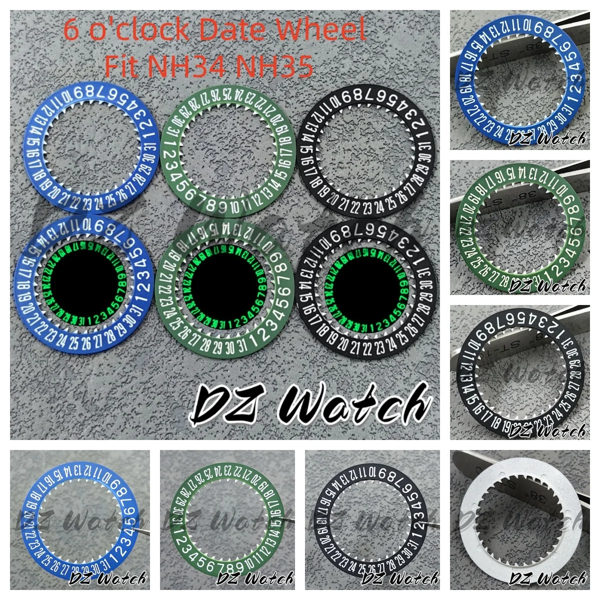 DZ NH35 6-Uhr Leuchtendes Schwarz/Grün/Blau Kalenderscheibe Schwarz/Grün/Blau Datumsrad für NH34 NH35 Uhrwerk Uhrenzubehör