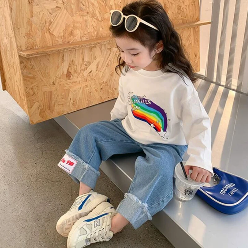 Frühling Mädchen Top Und Unten Kleidung Set Koreanische Mode Einfachheit Anzug Für Mädchen Regenbogen Gedruckt Lange Ärmel + Hosen Zwei stück Set Image