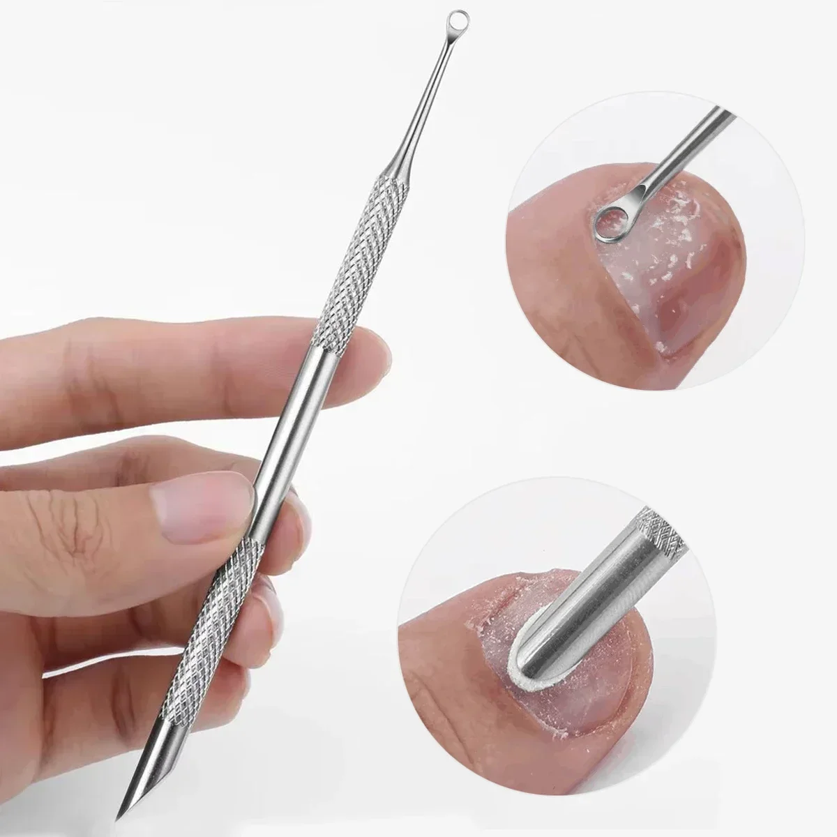Doppelseitiger Edelstahl-Nagelentferner Maniküre-Stäbchen Werkzeug Abgeschrägte Nagelfeile Kreisförmiger Schrägkopf Nagelhautschieber Image