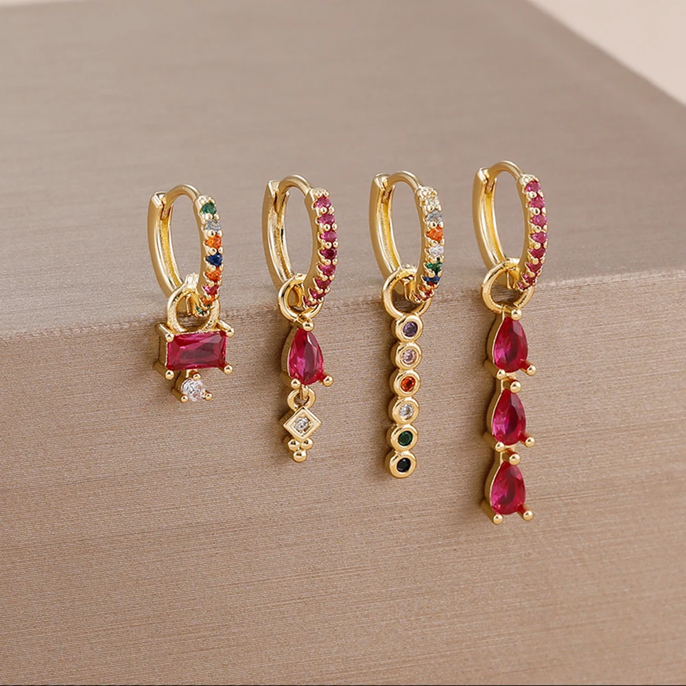 4PCS Edelstahl Wasser Tropfen Bunte Zirkon Kristall Anhänger Hoop Ohrringe Für Frauen Französisch Design Hochzeit Schmuck Geschenke Image