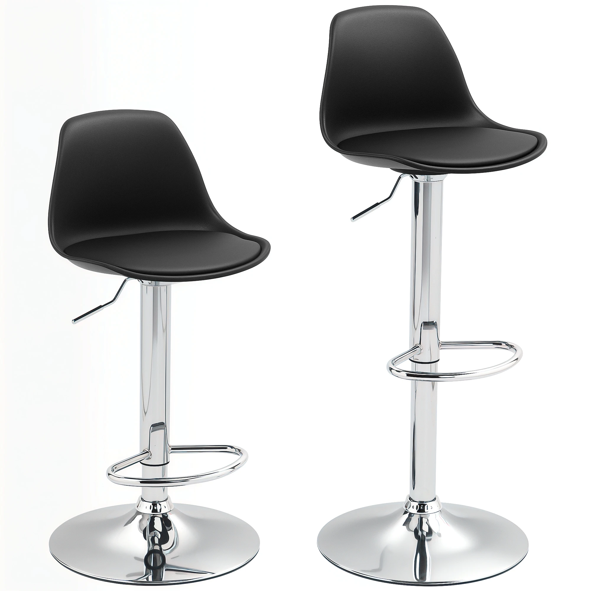 Set mit 2 Barhockern, gepolsterte Barstühle mit Rückenlehne, Stahlrahmen, höhenverstellbar um 360° ° Drehbare Fußstütze aus Kunstleder in Schwarz