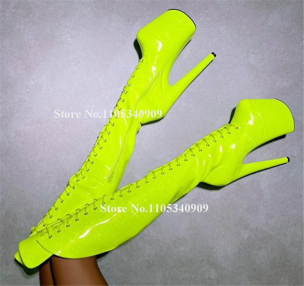 Bondarenko Sexy fluoreszierend gelbe Overknee-Stiefel mit superhohem Plateau und dünnem Absatz, runde Zehenpartie, Schnürung hinten, lange Stiefel mit Ausschnitten
