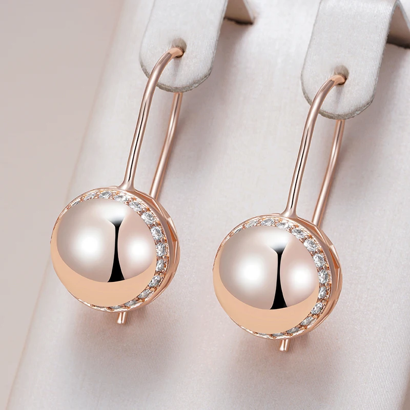 Kinel 585 Rose Gold Farbe Große Glänzende Kugel Ohrringe Für Frauen Einfache Natürliche Zirkon Zubehör Ethnische Braut Hochzeit Schmuck