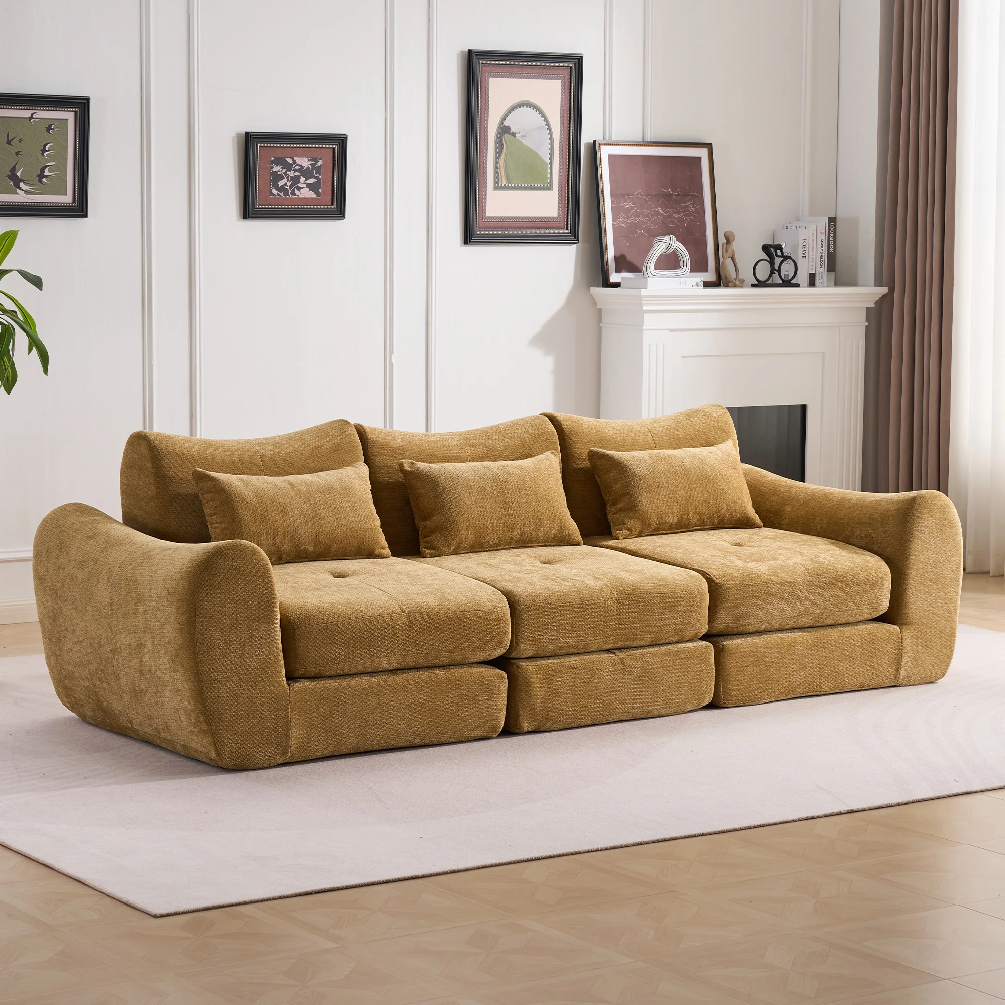Komfort-Kompressionssofa, 3-Sitzer, kein Aufbau erforderlich, Schlafsofa, schwarzes Chenille-Kombinationssofa für Wohnzimmer, Wohnung Image