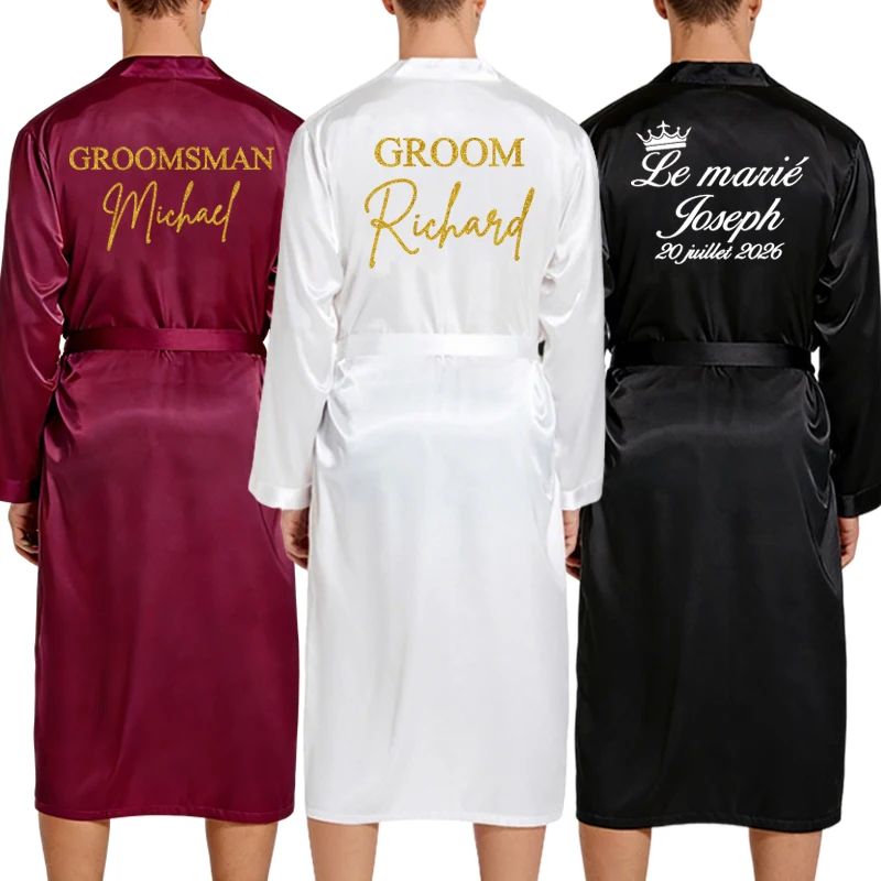 Personalisiert mit Namen und Datum. Herren-Bademantel mit Seidengefühl, Bräutigam-Bademantel für Hochzeitsfeier, weiches Kimono-Nachthemd für zu Hause Image