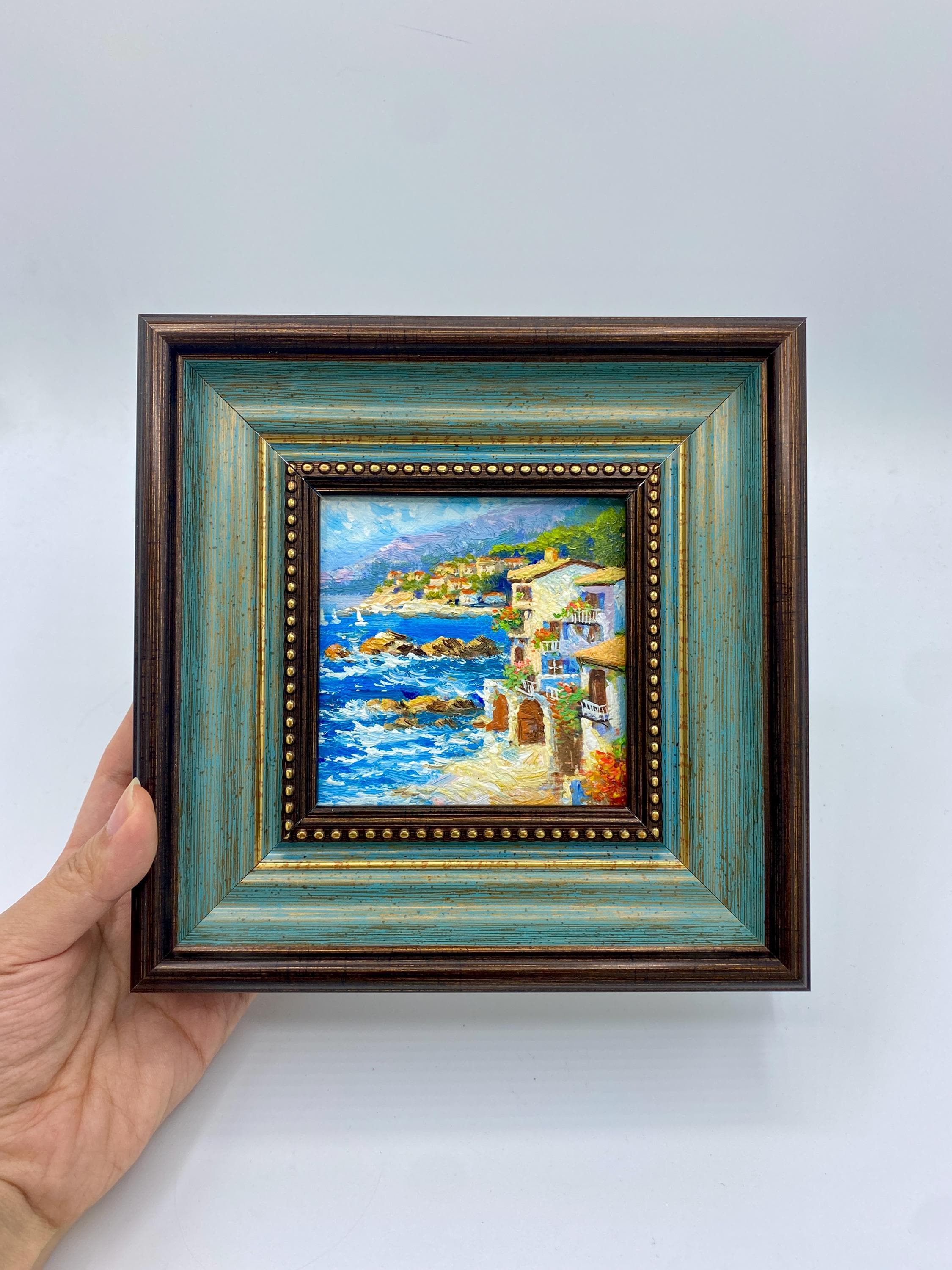 Dipinto ad olio originale, quadro da parete con tema città costiera, quadro da parete con paesaggio marino, quadro incorniciato, quadro su tela
