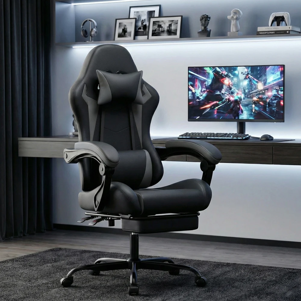 Gaming-Stuhl Ergonomischer Gaming-Sessel mit Lendenkissen und Kopfstütze, Gamer-Stuhl Höhenverstellbar