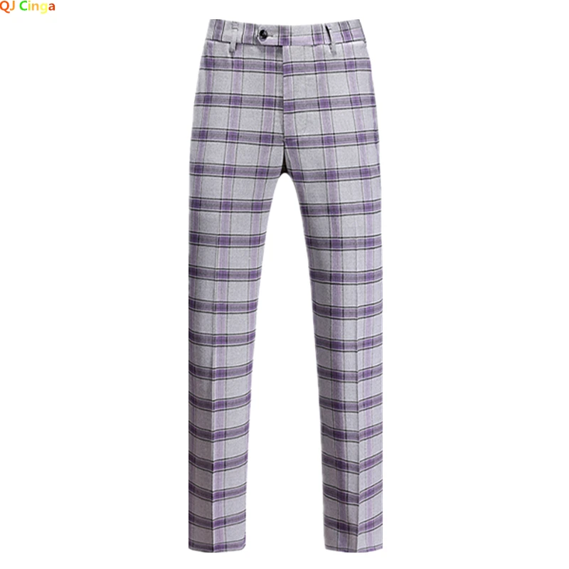 Grau-lila gestreifte Anzughose für Herren, modische schmale Hose, Hochzeits-Party-Kleiderhose, rote Pantalones Hombre, asiatische Größen M-6XL. Image