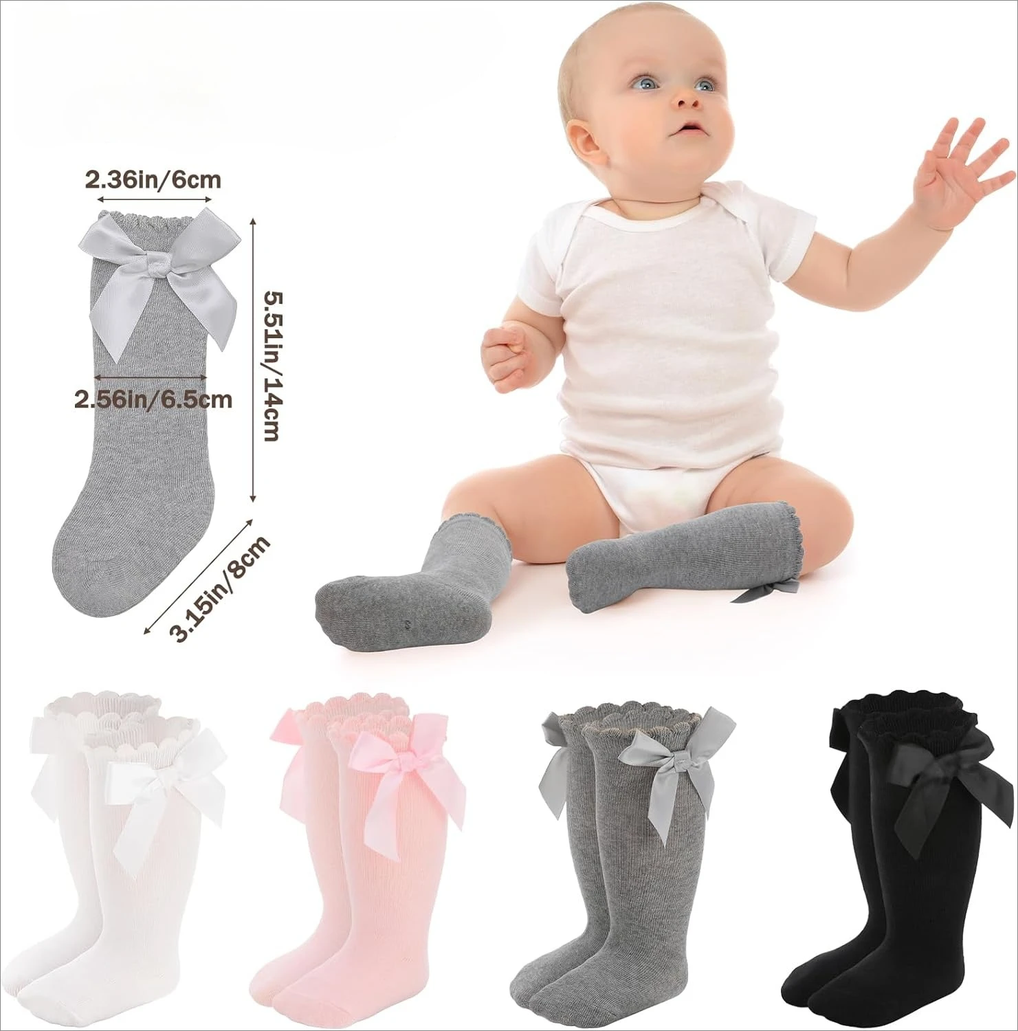 Knielange Socken für Babymädchen mit Schleifenrüschen, Weiche Baumwoll-Strümpfe für Kleinkinder, Kindersocken Image