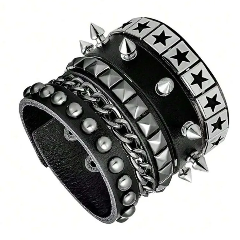 Vintage Lederarmbänder Punk Row Cuspidal Spikes Nieten Ohrstecker Breite Manschette PU Leder Punk Gothic Rock Unisex Goth Accessoires