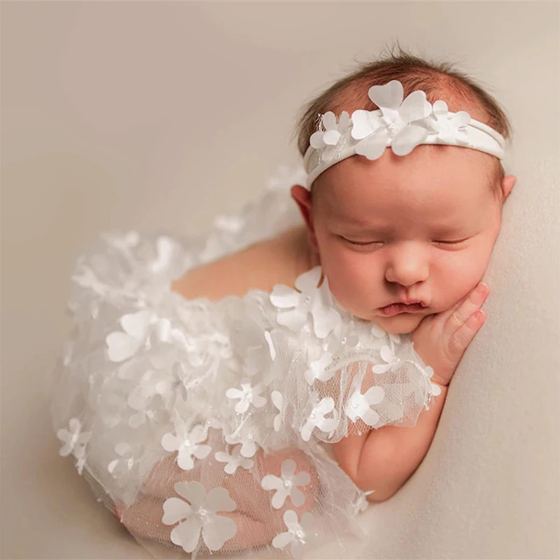 2-teiliges Neugeborenen-Fotografie-Set für Mädchen, bestickter Blumen-Overall mit Stirnband, niedliches Baby-Fotografie-Set Image