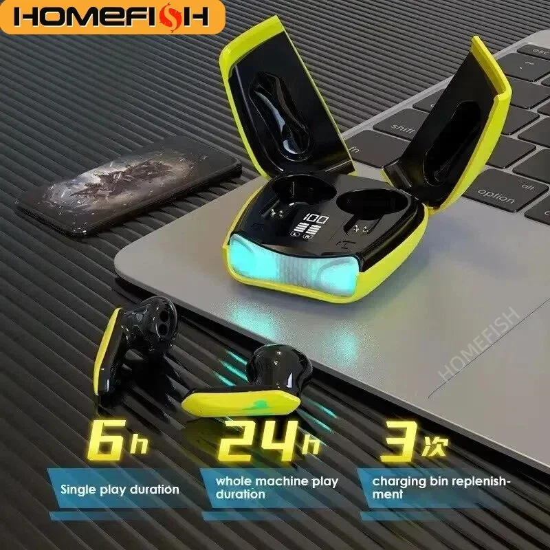 HOMEFISH Kabellose Ohrhörer BT 5.2 mit Geringer Latenz, Wasserdicht mit Coolen LED-Lichtern, 5 Stunden Spielzeit für E-Sport & Musik Image