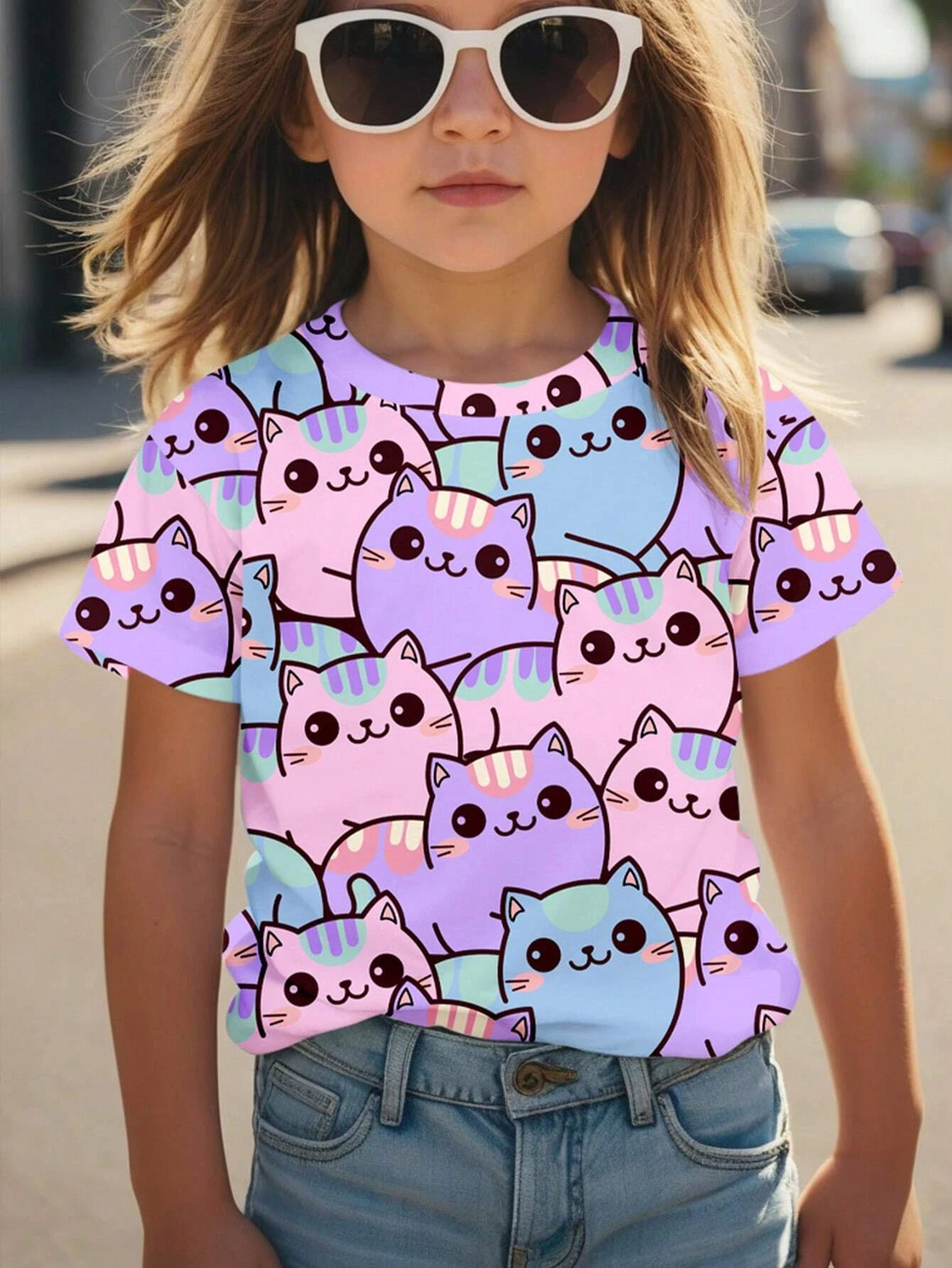 Mädchen Kleidung Sommer 3D Druck T-Shirt Kawaii Katze Grafik Kinder Mädchen Kleidung Outdoor Kurzarm Kausalen Kinder Top für Mädchen Image