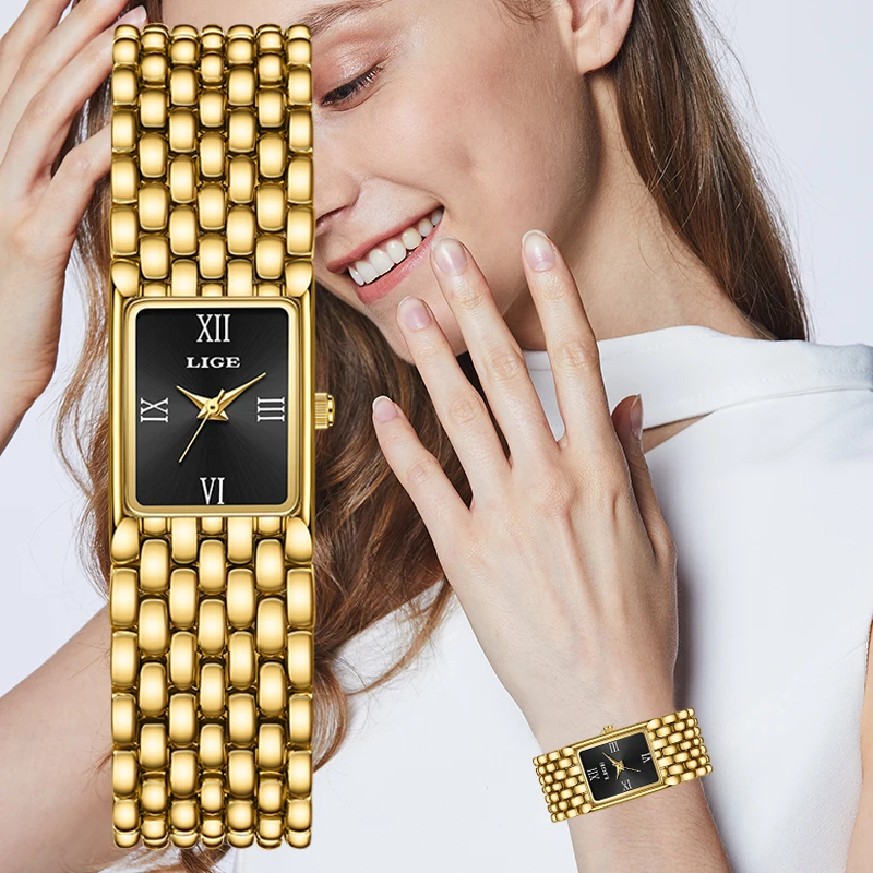 LIGE 2025 Mode Neue Gold frauen Uhr Luxus Quarzuhr Edelstahl Armband Retro 30 M Wasserdichte Uhren Frauen reloj