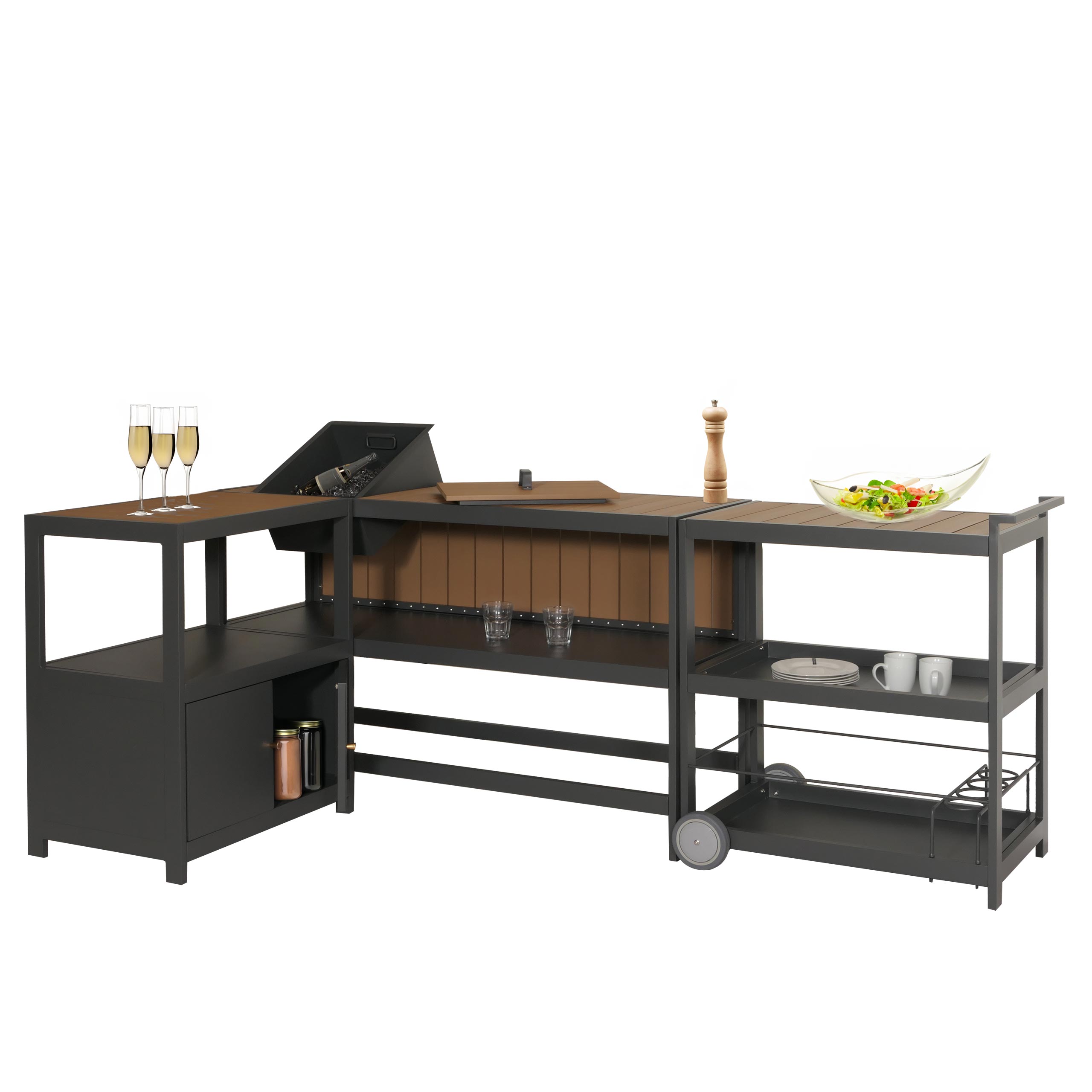 Aluminium Outdoor-Küche 3-teilig HWC-M64, Außenküche Garten Servierwagen Eiskübel Schrank ~ anthrazit, helle Holzoptik Image