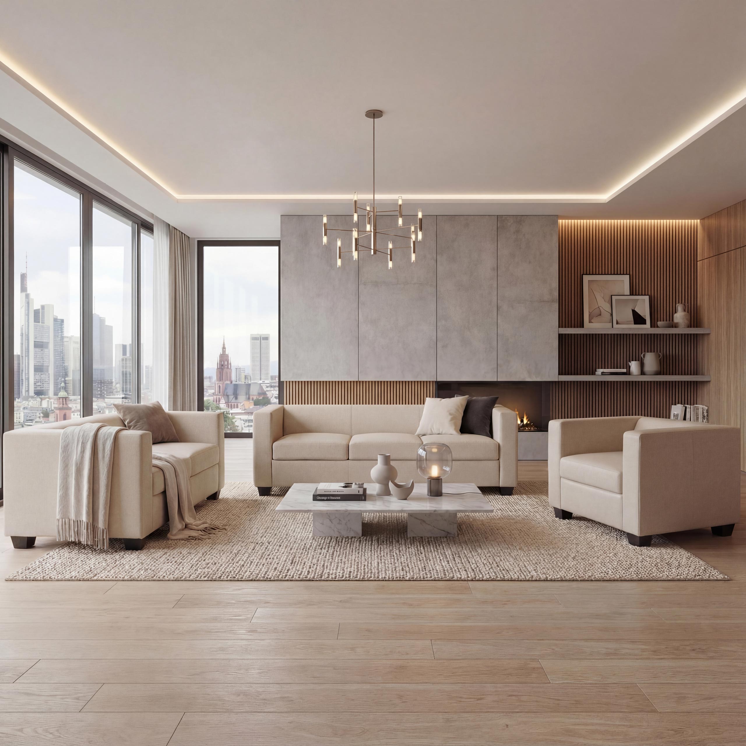 3-2-1 Sofagarnitur Couchgarnitur Loungesofa Lille ~ Leder, creme