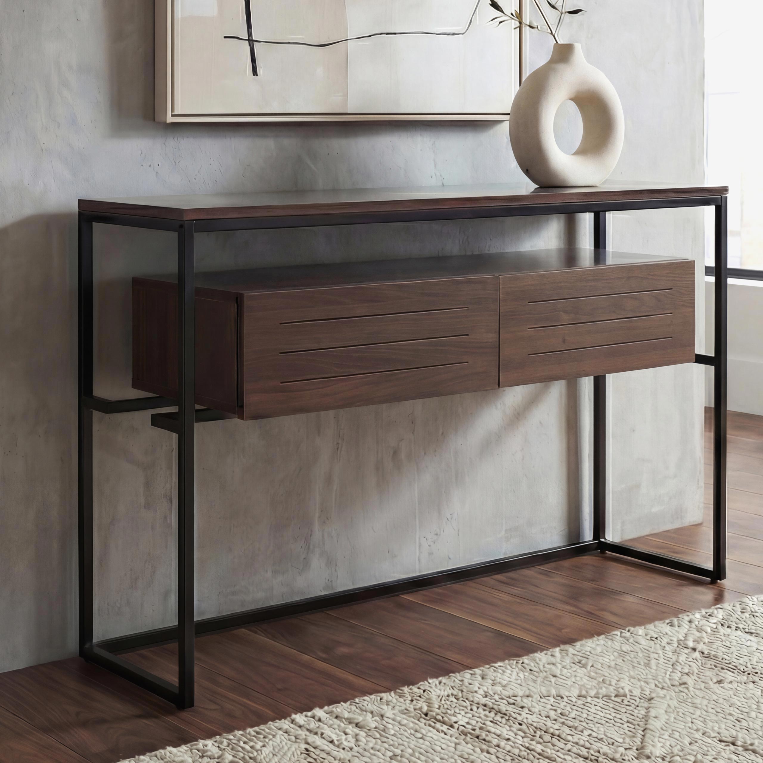 Konsolentisch HWC-P46, Telefontisch Beistelltisch Ablagetisch, Schublade Metall MDF Melamin 80x120x40cm ~ braun