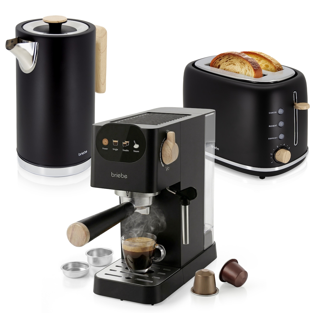 Nordic Set Espressomaschine 20 Bar, Toaster für 2 Scheiben, Wasserkocher 1,7 L, Briebe, SKT1209BLK, Schwarz Image