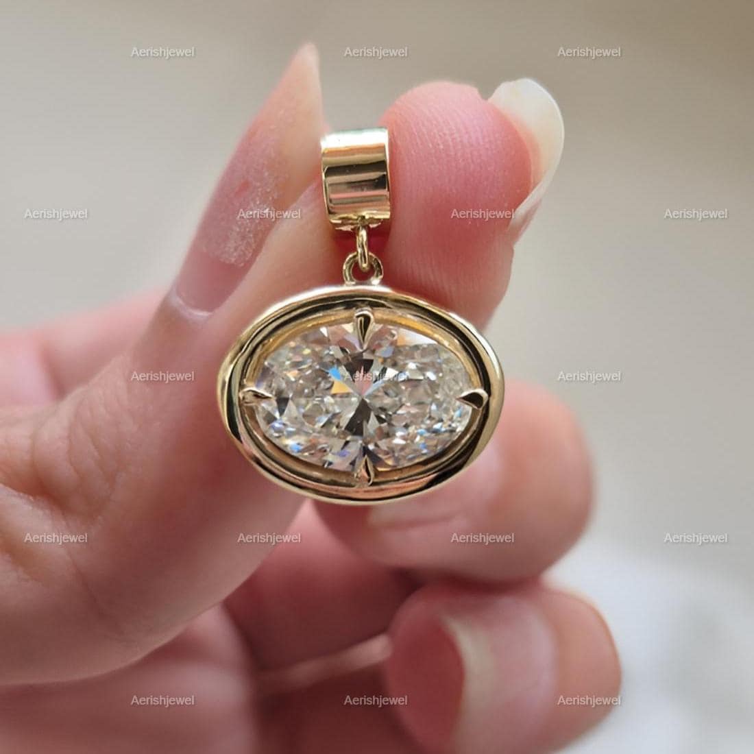 Ciondolo con moissanite incastonata a castone, ciondoli con moissanite taglio ovale per donna, ciondolo con moissanite ovale East West, ciondoli in or
