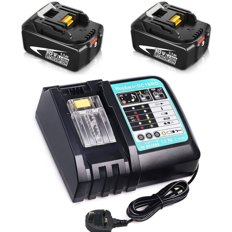 Teetok - 2 Batterie Agli Ioni Di Litio Da 5,5a, Con Caricabatterie Rapido Dc18rc/dc18ra/dc18sd Compatibili Con Batterie Scorrevoli Agli Ioni Di Litio Makita 14,4 V-18 V, Caricabatterie Sostitutivo Per Batteria