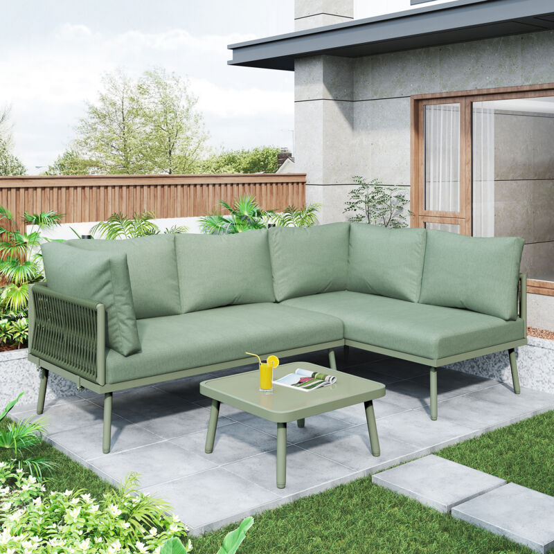 Set Da Giardino In Ferro, Set Di Mobili Da Giardino In Corda Verde, Set Di Mobili Da Giardino A Forma Di L, Set Da Giardino In Corda Verde Con Cuscino Del Sedile, Gambe Regolabili, 2 Divani E 1 Tavolo