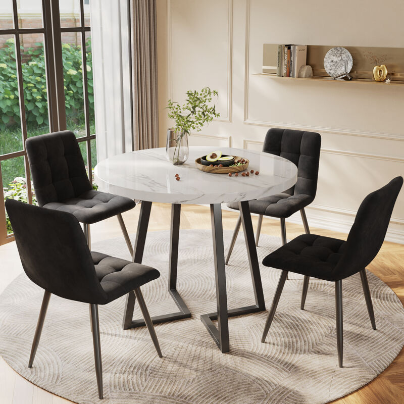 Set Tavolo Da Pranzo (5 Pezzi), Set Tavolo Da Pranzo Moderno Con 4 Sedie, Set Tavolo Da Pranzo Da Cucina, Tavolo Da Cucina Rotondo Diametro 80 Cm Con Gambe In Metallo Nero, Piano In Mdf Bianco, Sedie