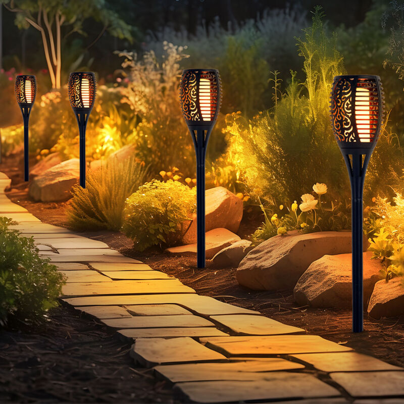 Torcia Solare Effetto Fuoco, Torcia Solare, Effetto Fiamma, Lampada Da Giardino, Torcia Nera, Plastica, Lampadina Led Arancione Tremolante, H 78 Cm, Set Da 4