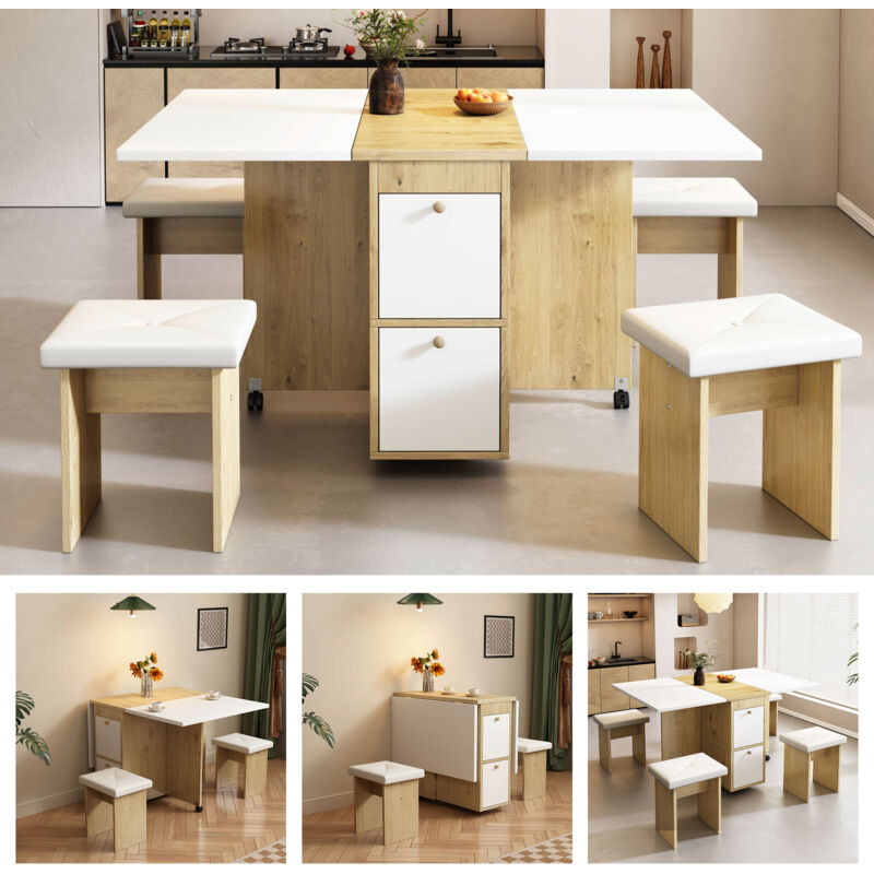 Set Tavolo Da Pranzo (con Tavolo Da Pranzo, 4 Sedie), Tavolo Da Pranzo Pieghevole, 1208075 Cm, Tavolo Da Pranzo Allungabile, Tavolo Da Pranzo Allungabile Multifunzionale, Sedie Da Sala Da Pranzo, Bi