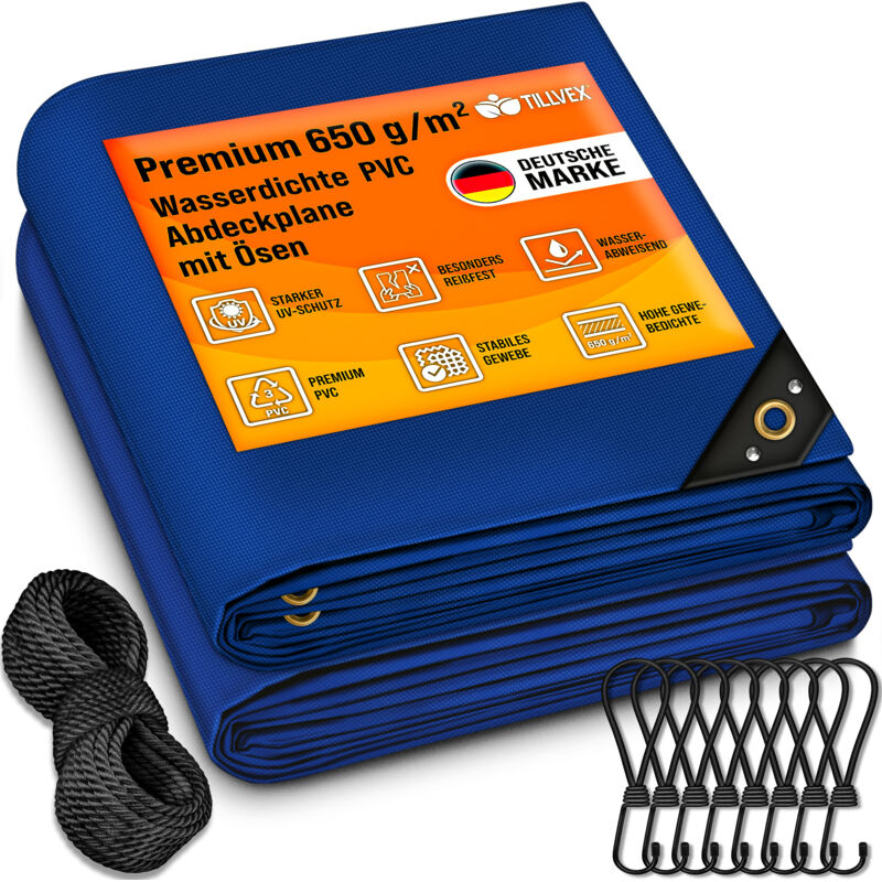 Tillvex Telone Blu 4x8 M Con Occhielli + 10 Ganci E Corda Da 15 M Telone In Tessuto 650 G/m² Impermeabile E Antistrappo Telone In Pvc Premium Universale Per Camion, Piscine, Mobili Da Giardino In Le
