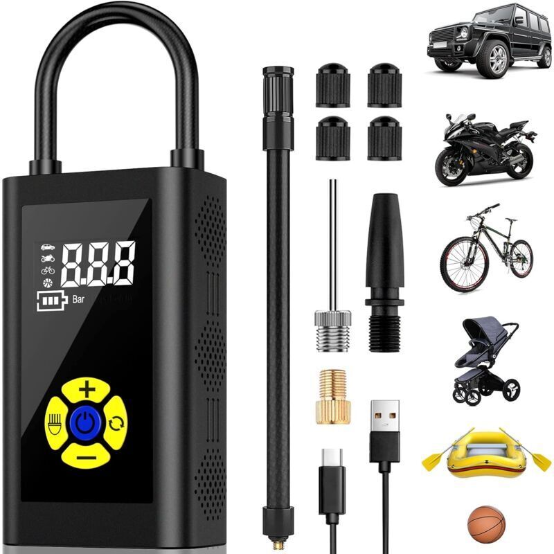 Compressore D'Aria Portatile, Versione Gonfiatore Pneumatici Per Auto, Pompa Per Bicicletta, Mini Compressore Per Auto, Display Lcd Digitale, 150 Psi, Ricarica Tipo-c, 2000 Mah Con Luce Led